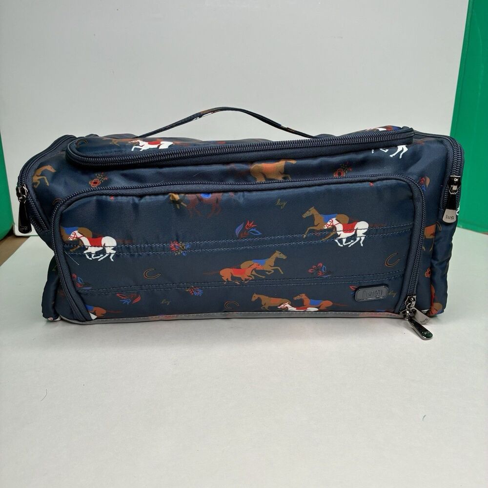 LUG Trolley XL 14" Cosmetic Toiletry Travel Bag Case Purse Navy Blue Horse Print